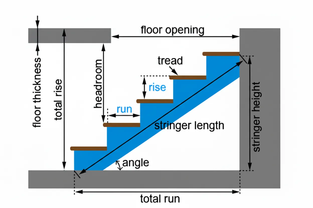 Advanced stair components with tread, floor opening, headroom, floor thickness, and total rise measurements