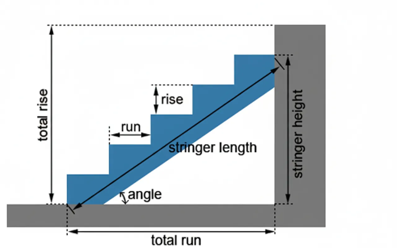 Basic stair components showing total rise, total run, run, rise, stringer length, angle, and stringer height